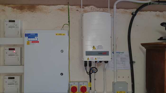SolarEdge inverter installed in the plant room in a ground source heat pump install SolarEdge inverter installed in the plant room in a ground source heat pump install