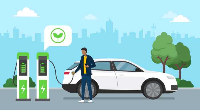 Illustration of man plugging in an elecric car into a charging point Illustration of man plugging in an elecric car into a charging point